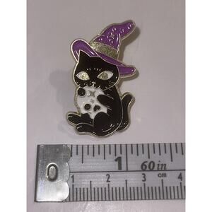 Purple Witch Hat On Black Cat Holding Mystical Skull Pin Brooch